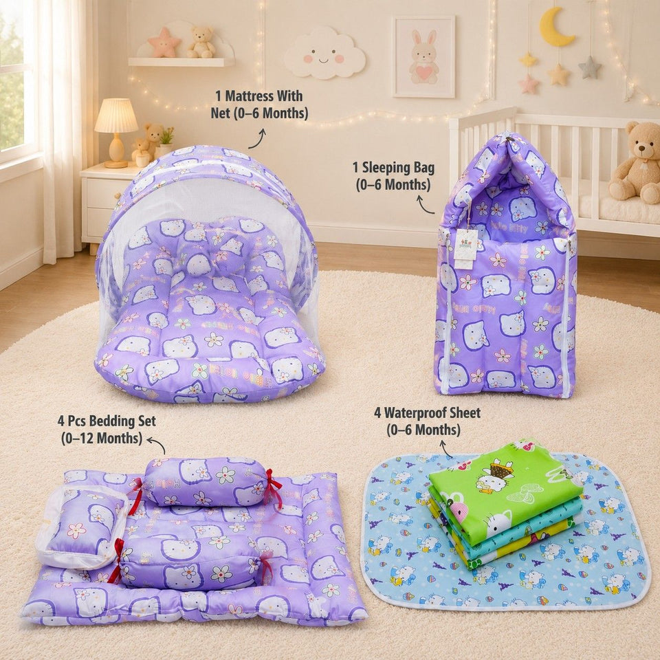 Fareto New Born Baby Combo of Mattress with Net | Sleeping Bag | 4 Pcs Bedding Set | 4 Sheets(0-6 Months)(F44)