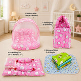 Fareto New Born Baby Combo of Mattress with Net | Sleeping Bag | 4 Pcs Bedding Set | 4 Sheets(0-6 Months)(F44)