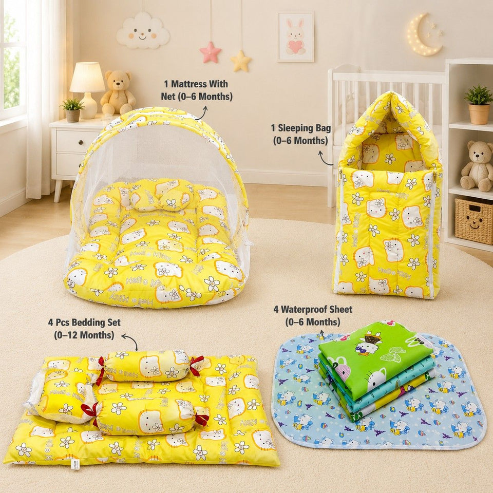 Fareto New Born Baby Combo of Mattress with Net | Sleeping Bag | 4 Pcs Bedding Set | 4 Sheets(0-6 Months)(F44)