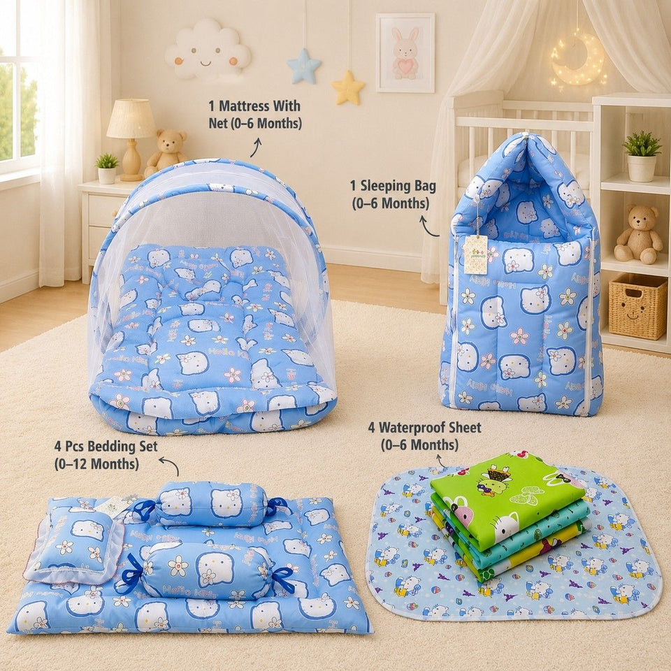 Fareto New Born Baby Combo of Mattress with Net | Sleeping Bag | 4 Pcs Bedding Set | 4 Sheets(0-6 Months)(F44)