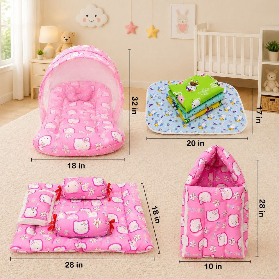 Fareto New Born Baby Combo of Mattress with Net | Sleeping Bag | 4 Pcs Bedding Set | 4 Sheets(0-6 Months)(F44)