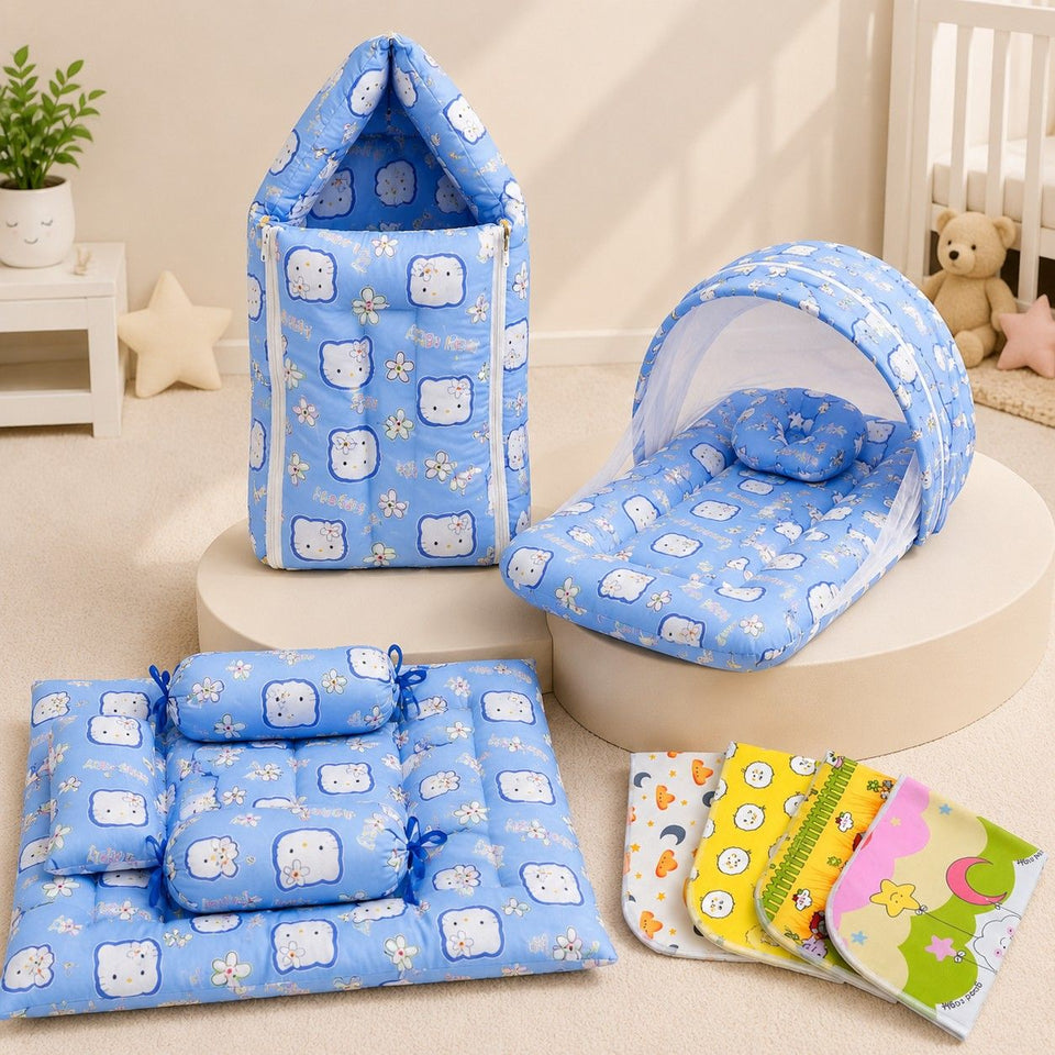 Fareto New Born Baby Combo of Mattress with Net | Sleeping Bag | 4 Pcs Bedding Set | 4 Sheets(0-6 Months)(F44)
