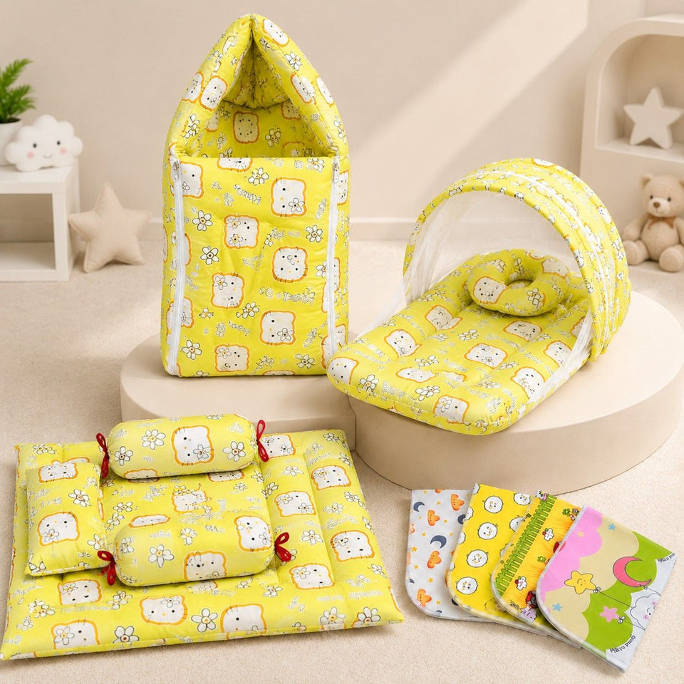Fareto New Born Baby Combo of Mattress with Net | Sleeping Bag | 4 Pcs Bedding Set | 4 Sheets(0-6 Months)(F44)
