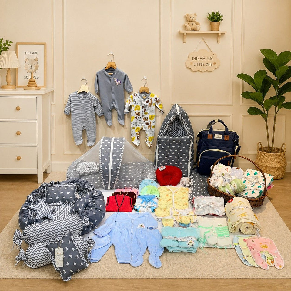 Fareto Premium Newborn Baby Hospital Winter Essentials Combo | 100 in 1  Baby Gift Pack | Maternity Essentials & Bedding Set | 0–6 Months(F186)
