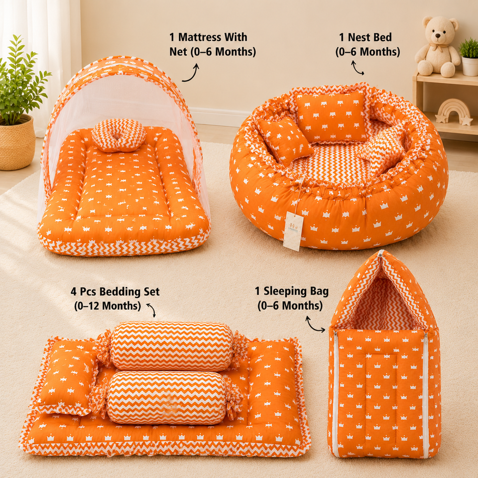 Fareto New Born Baby Full Bedding Set Combo (Crown Orange) (0-6 Months)(F21)