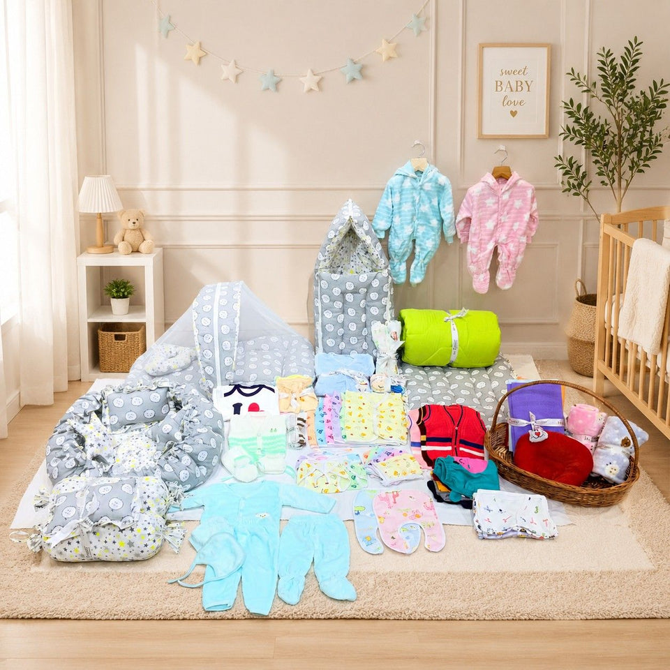 Fareto Premium Newborn Baby Hospital Winter Essentials Combo | 100 in 1  Baby Gift Pack | Maternity Essentials & Bedding Set | 0–6 Months(0-6 Months)(F638)(0-6 months)(F170)