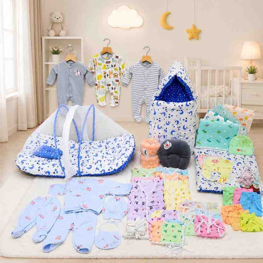 Fareto Baby Semi Winter Essential Combo For New Born | Gift Pack | Baby Products | Maternity Essentials  (66 Items)(0-6 Months)(BLUE MOON)(F400)