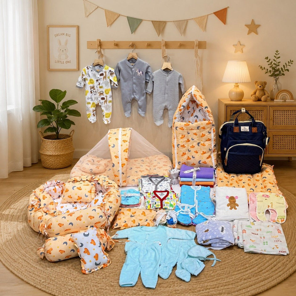 Fareto Premium Newborn Baby Semi-Winter Season Hospital Essentials Combo | 86-in-1 Baby Gift Pack | Maternity Essentials & Bedding Set | 0–6 Months (F370)