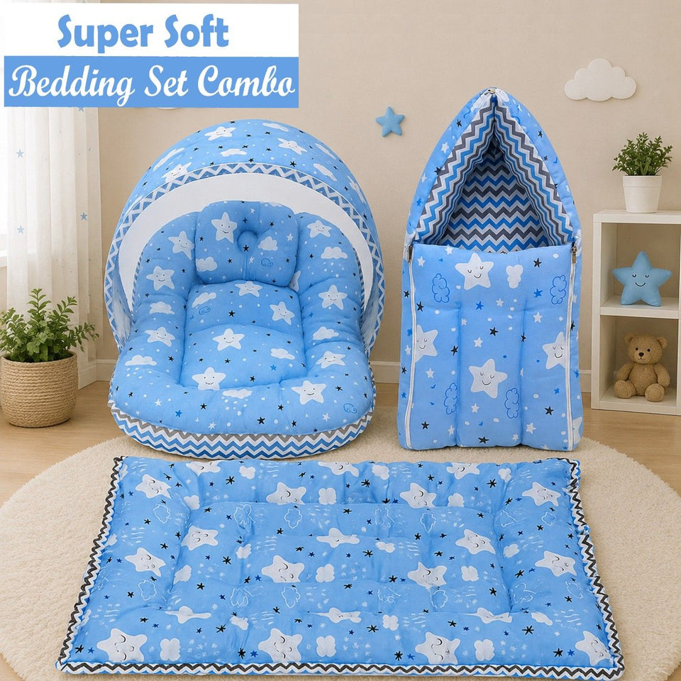 Fareto New Born Baby Premium Quality Mattress with Net | Sleeping Bag | Carry Bed  (0-4 Months)(cloud blue)(F295)