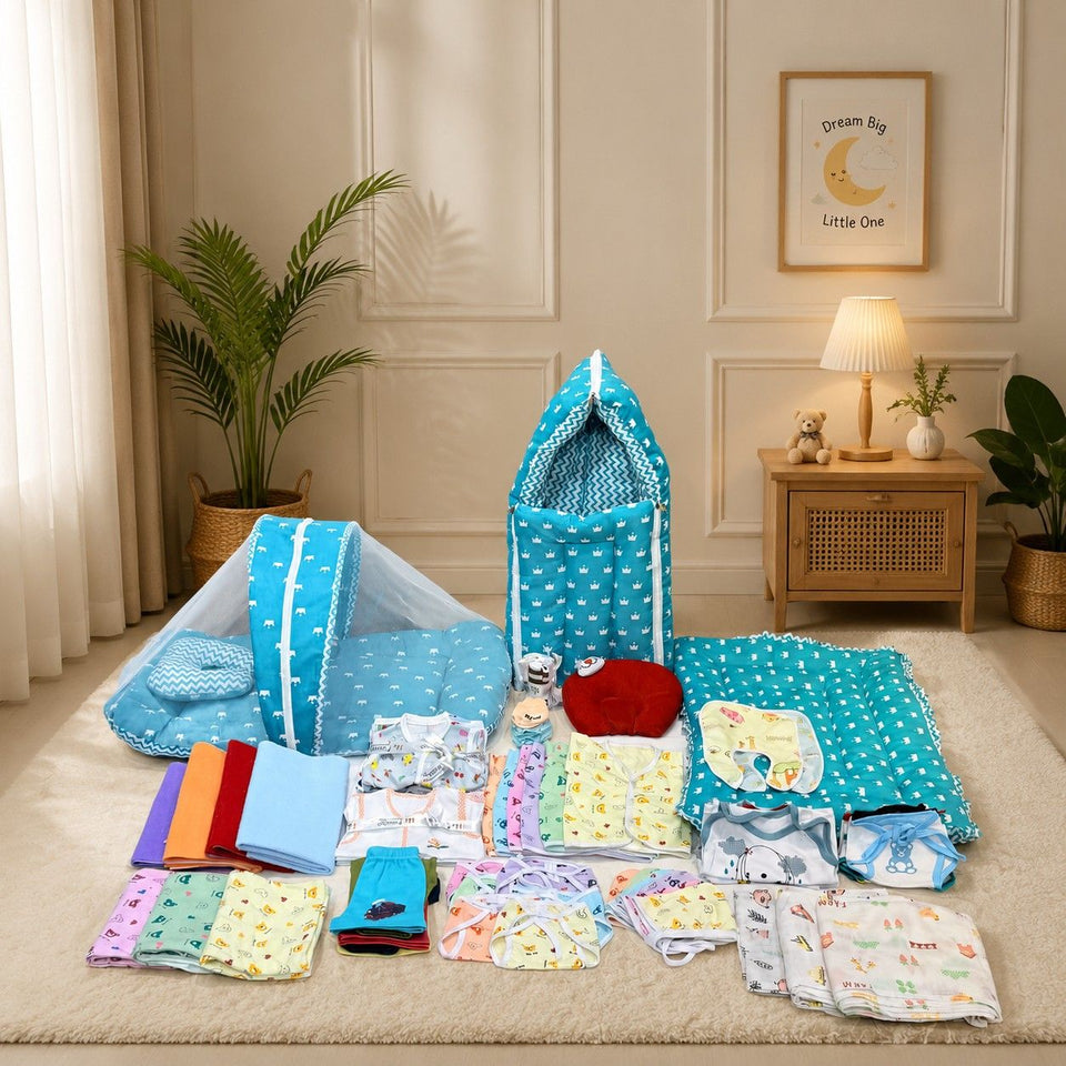 Fareto Premium Newborn Baby Hospital Essentials Combo for All Moderate Seasons | 75-in-1 Baby Gift Pack | Maternity Essentials & Bedding Set | 0–6 Months(F199)