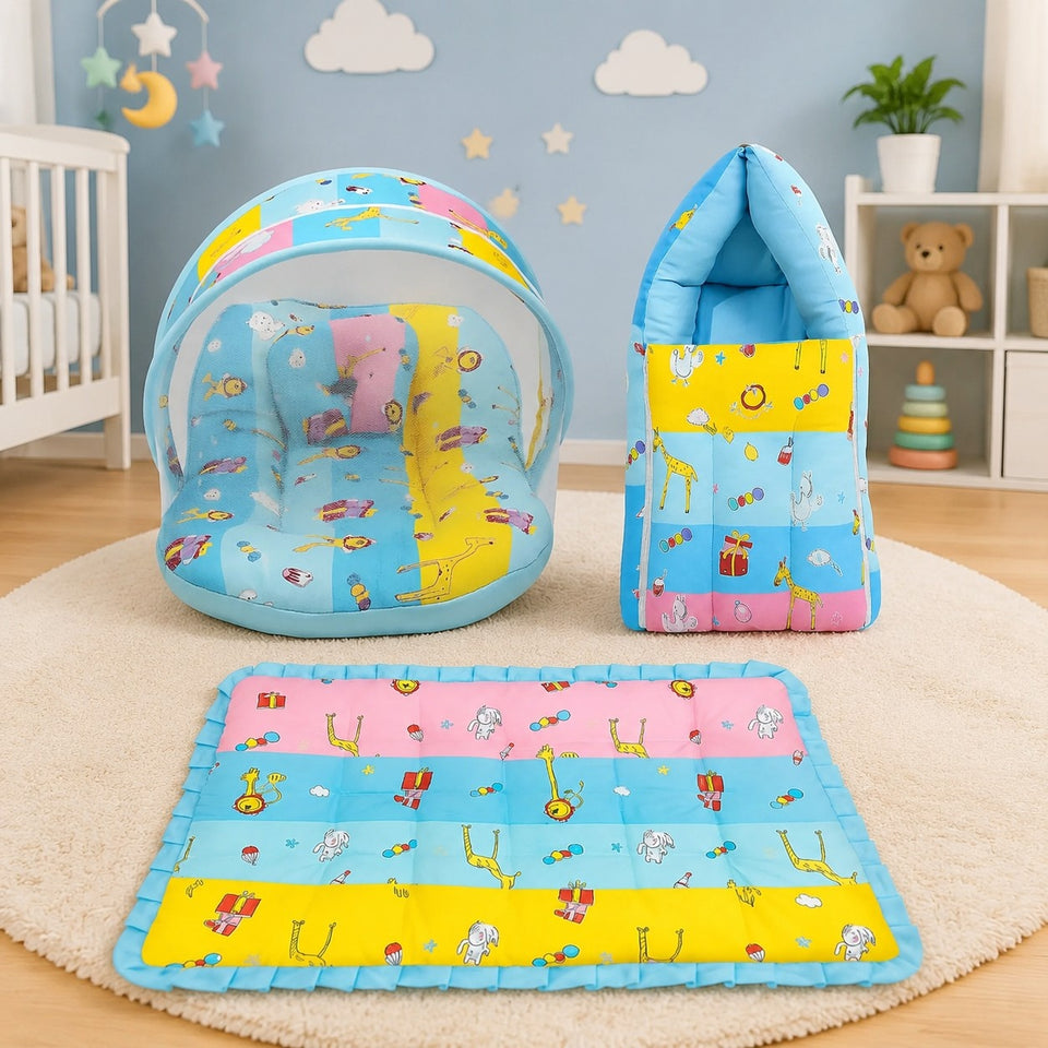 Fareto New Born Baby Premium Quality Mattress with Net | Sleeping Bag | Carry Bed (0-4 Months)(Blue Ziraf)(F296)