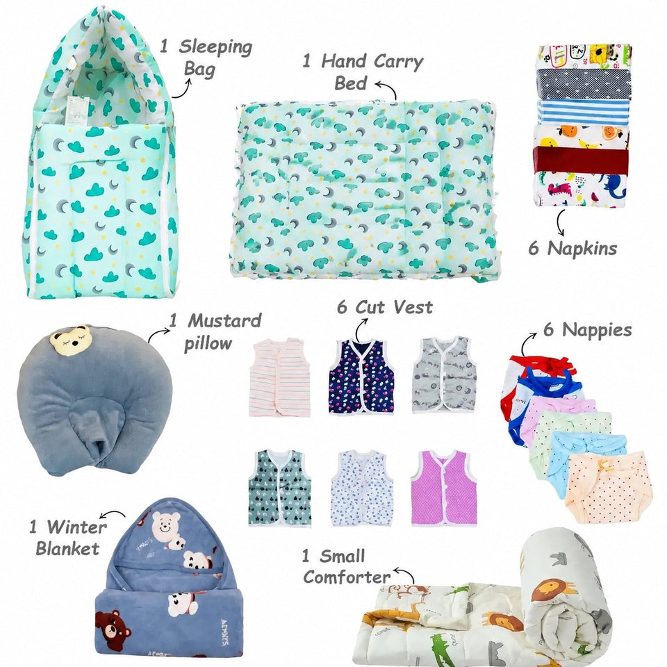 FARETO NEW BORN BABY MONSOON SEASON HOSPITAL ESSENTIALS PACK OF 60 ITEMS (0-6 MONTHS)(F193)