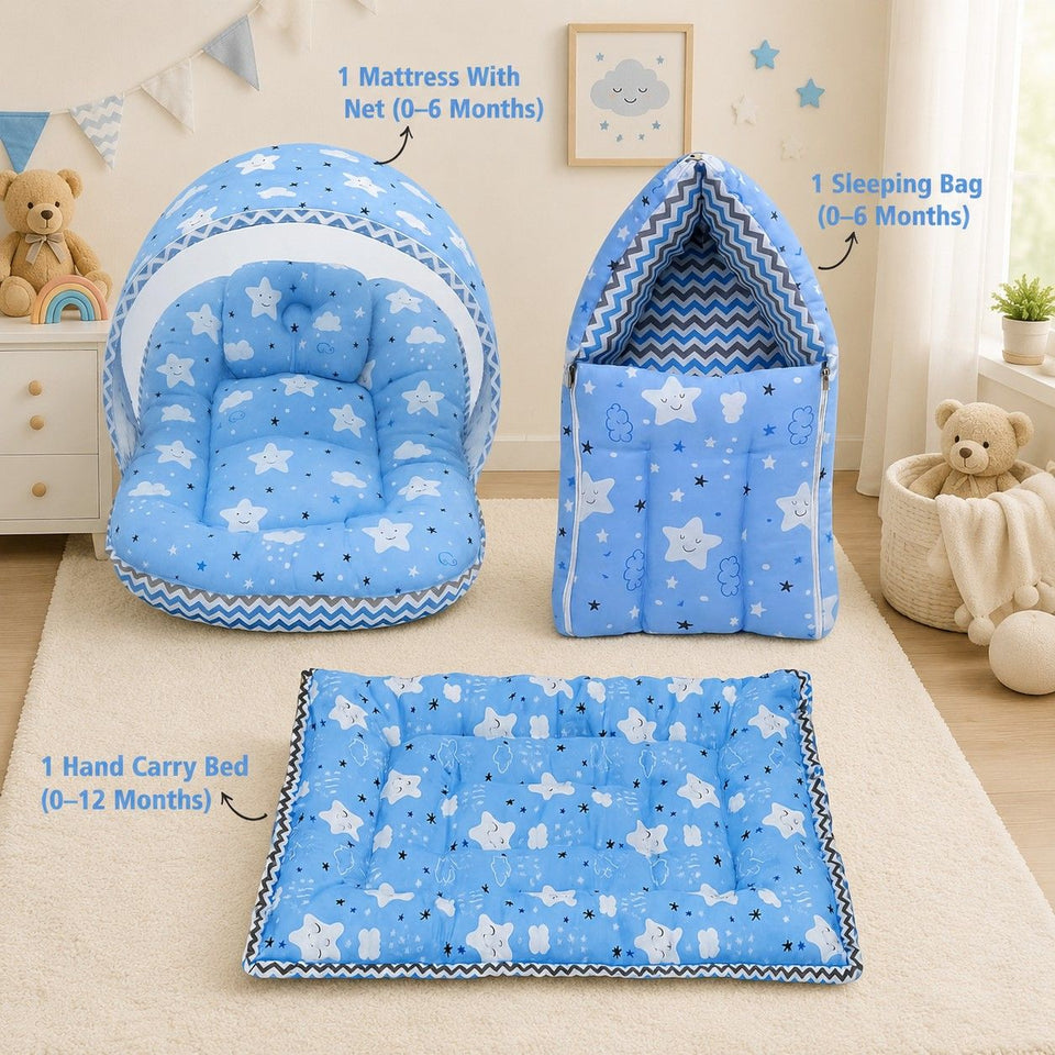 Fareto New Born Baby Premium Quality Mattress with Net | Sleeping Bag | Carry Bed  (0-4 Months)(cloud blue)(F295)