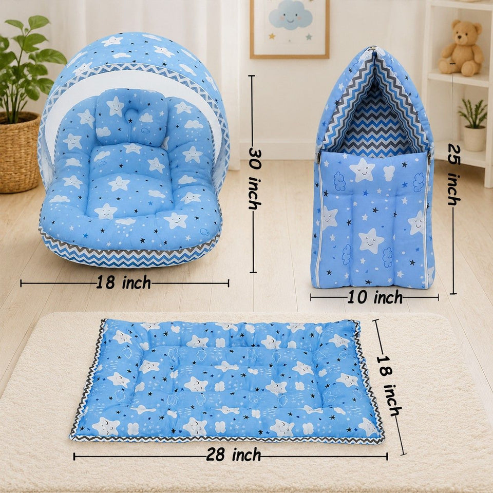 Fareto New Born Baby Premium Quality Mattress with Net | Sleeping Bag | Carry Bed  (0-4 Months)(cloud blue)(F295)