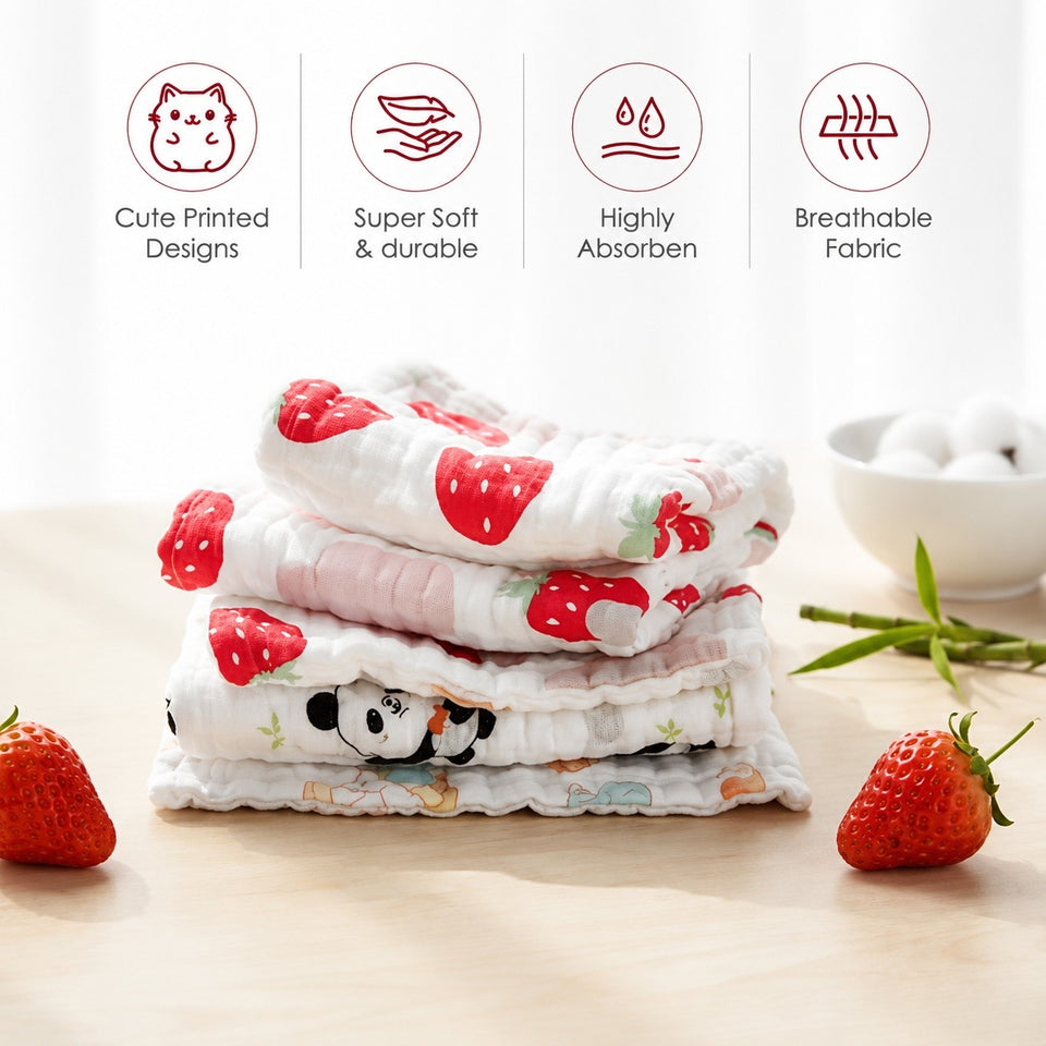 Fareto Premium Muslin 6 Layer Cotton Face Napkins for Newborn Baby Extra Soft Hankies Reusable Napkins(Pack of 5)(F535)