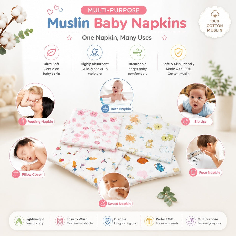 Fareto Premium Muslin 6 Layer Cotton Face Napkins for Newborn Baby Extra Soft Hankies Reusable Napkins(Pack of 5)(F535)