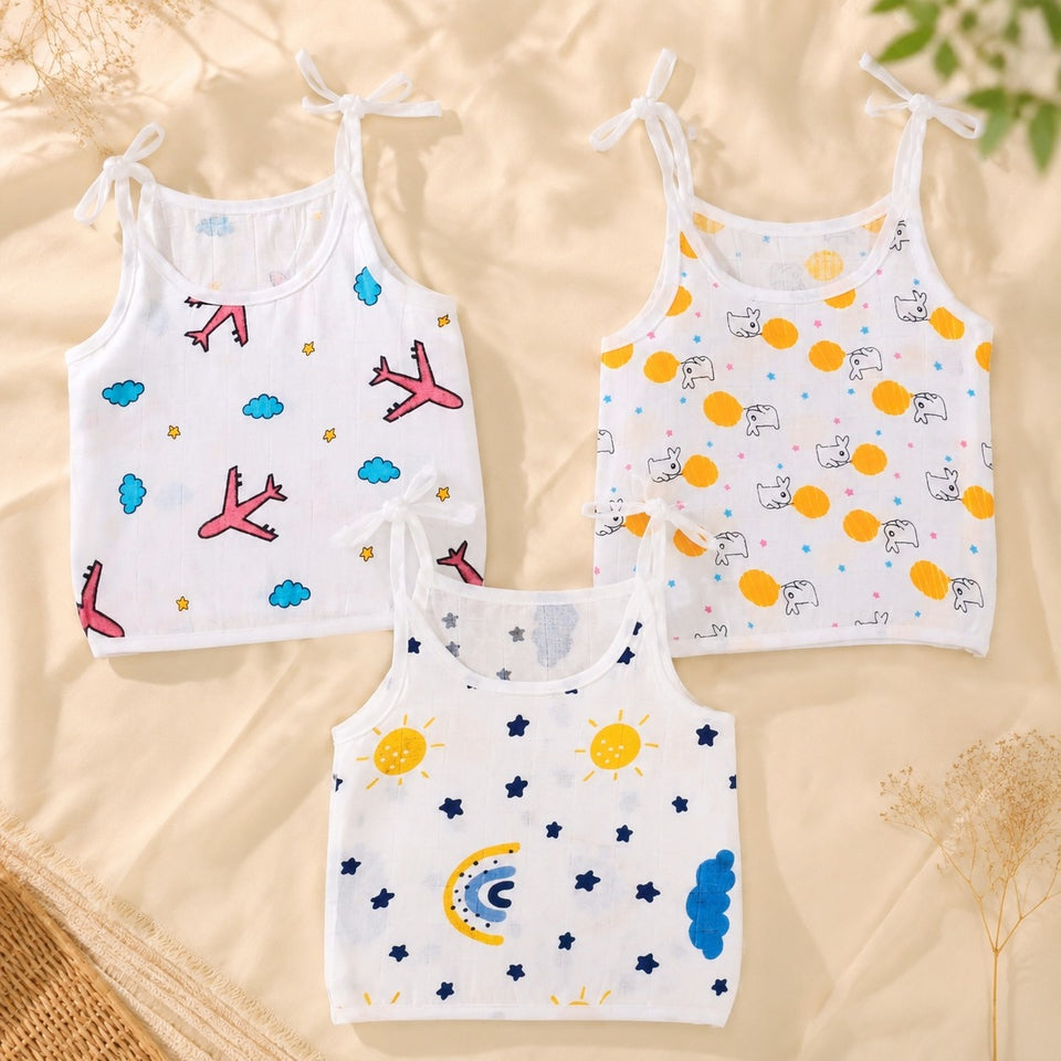 Fareto Organic Cotton Muslin Knot Jhablas for Baby | Summer Wear Sleeveless Aline Jhabla(Pack of 3)(F552)