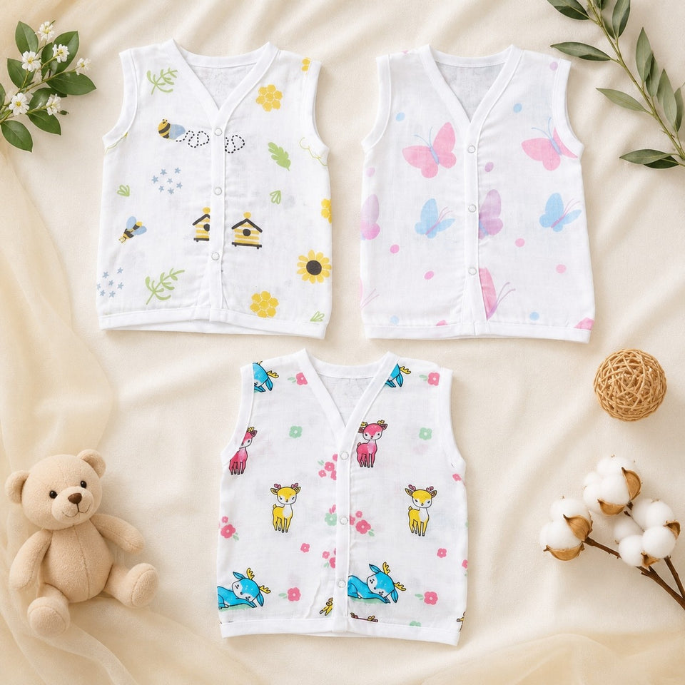 Fareto Organic Cotton Muslin Button Jabla| Assorted Pack of 3| Stylish & Comfortable Jabala for Boys & Girls(F551)