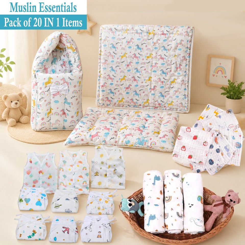 Fareto New born Baby Organic Muslin Cotton Combo set 20 In 1 (0-6 Months)(F565)(Baby Bedding & Clothing Combo Set For Muslin)