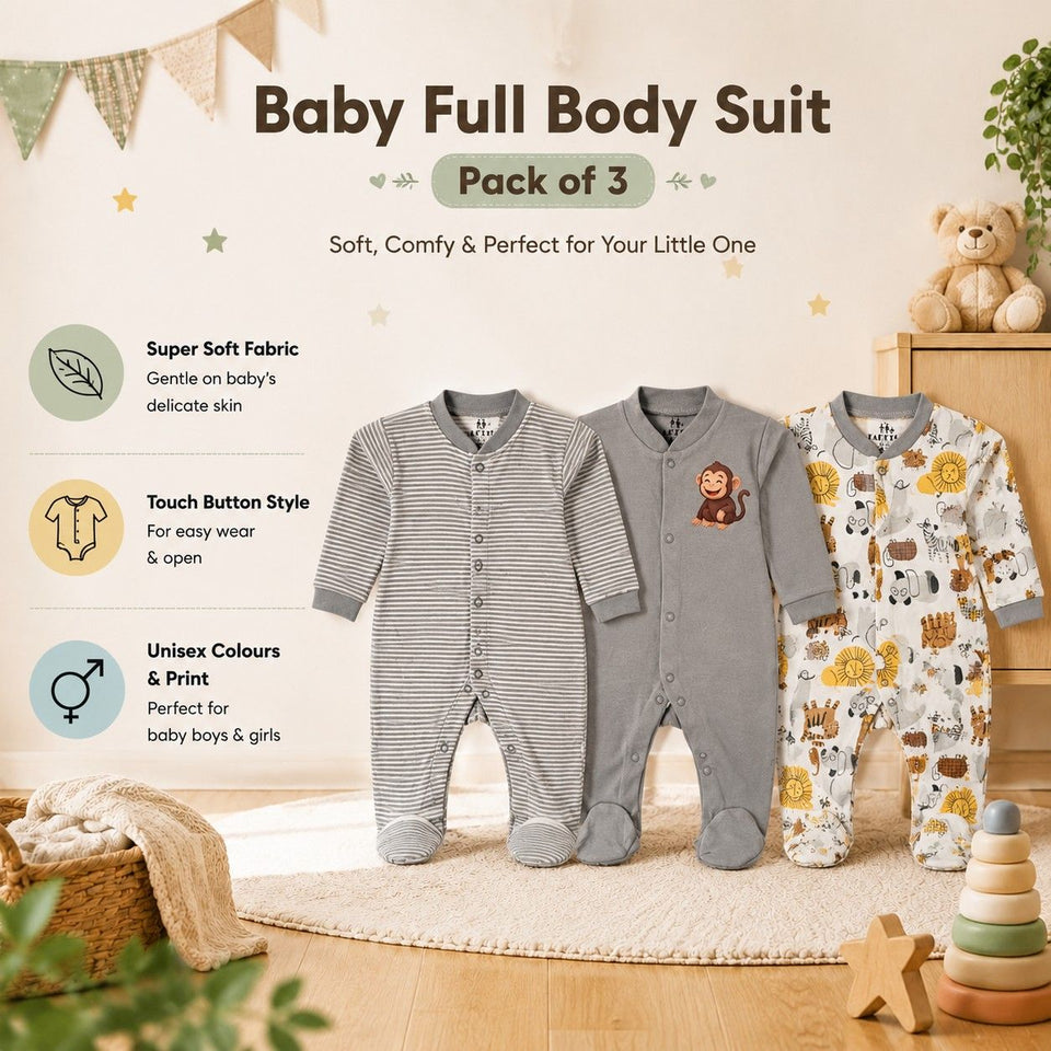 Fareto New Born Baby Full Body Rompers (Pack Of 3)(Color As Per The Availability)(F25)