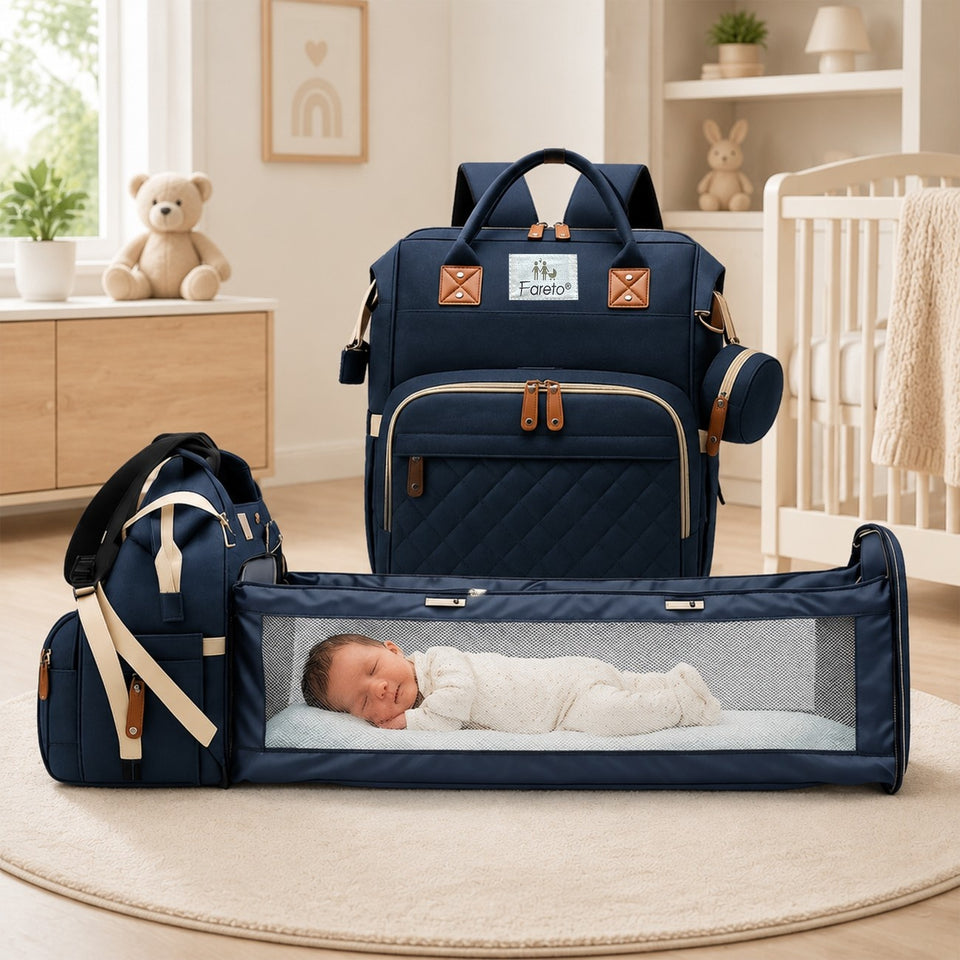 Fareto Premium Diaper Bag with Foldable Baby Bed & Changing Station – Large Capacity Waterproof Travel Backpack with Insulated Pockets & USB Port – Portable Maternity Bag for Moms & Dads(F636)