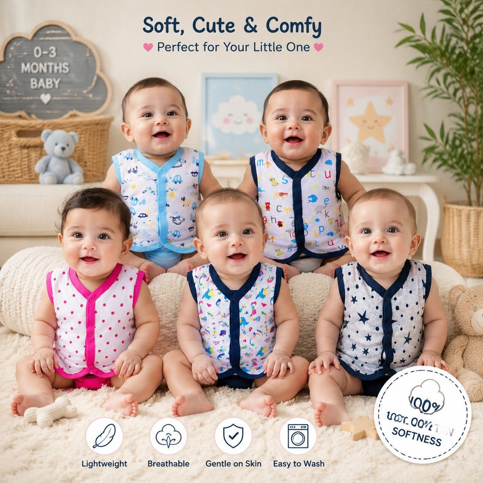 Fareto Baby 100% Cotton Front Open Cut Sleeves shirts (Pack of 5)(F234)