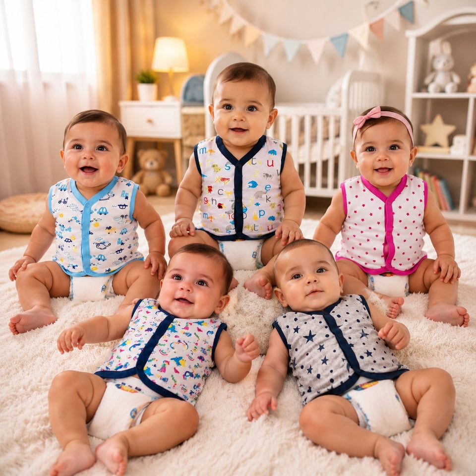 Fareto Baby 100% Cotton Front Open Cut Sleeves shirts (Pack of 5)(F234)