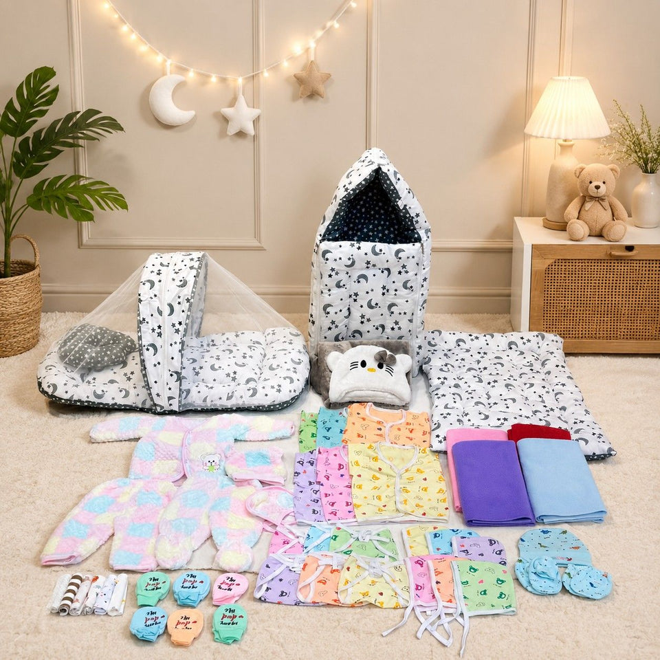 Fareto New Born Baby Monsoon Season Hospital Essentials 50 in 1 Baby Gift Set | Complete Newborn Essentials | 0-6 Months(F784)