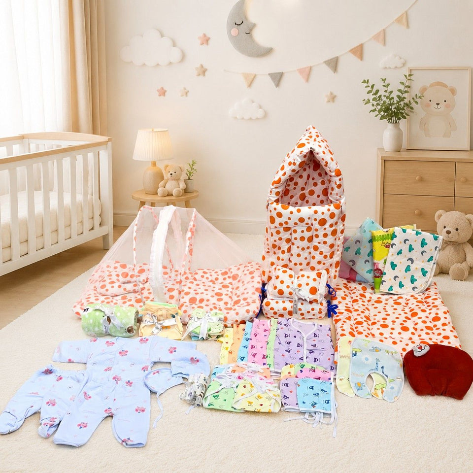 Fareto New Born Baby monsoon season Hospital Essentials (61 in 1)(0-6 Months)(orange polka)(F229)