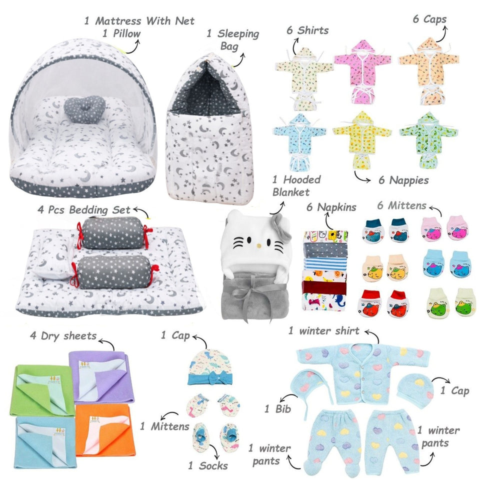 Fareto New Born Baby Monsoon Season Hospital Essentials 50 in 1 Baby Gift Set | Complete Newborn Essentials | 0-6 Months(F784)