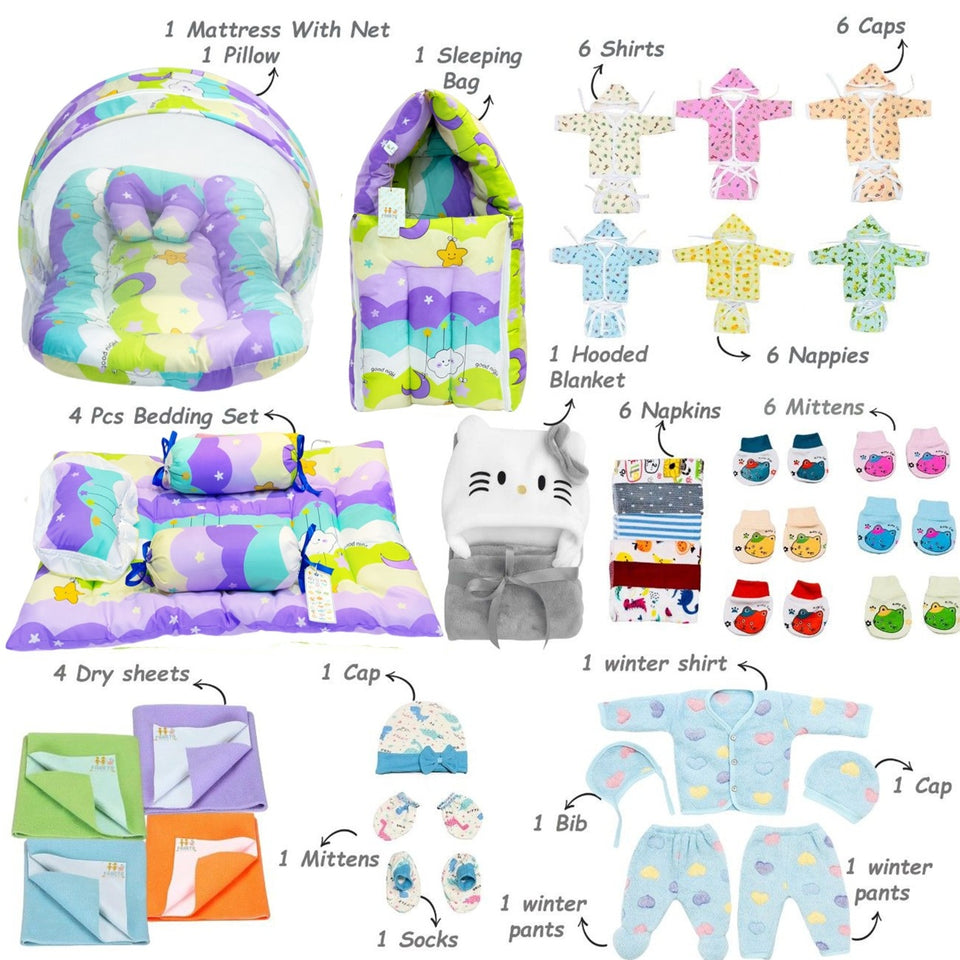Fareto New Born Baby Monsoon Season Hospital Essentials 50 in 1 Baby Gift Set | Complete Newborn Essentials | 0-6 Months(F786)