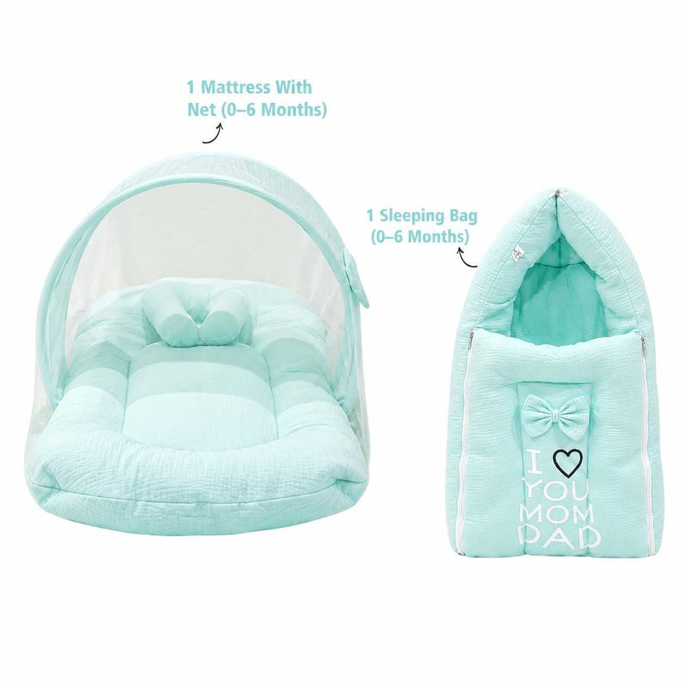 Fareto Newborn Baby 100% Muslin Cotton Sleeping Bag & Mosquito Net | Safe, Soft & Portable Baby Bed | Baby Bedding Set(0-1 Year)(F772)