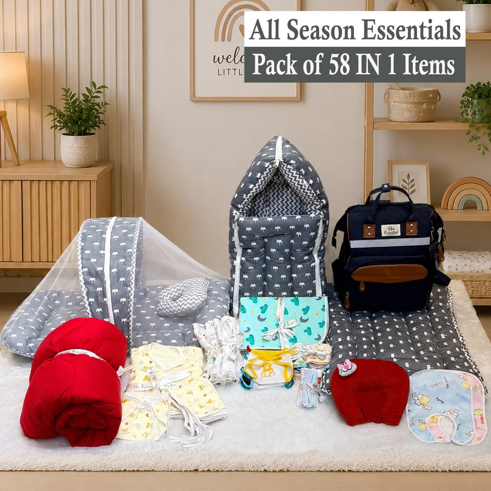 Fareto Premium Newborn Hospital Essentials Combo | 58-in-1 Baby Products, Bedding Set & Maternity Essentials | 0–6 Months(Grey Crown)(F518)