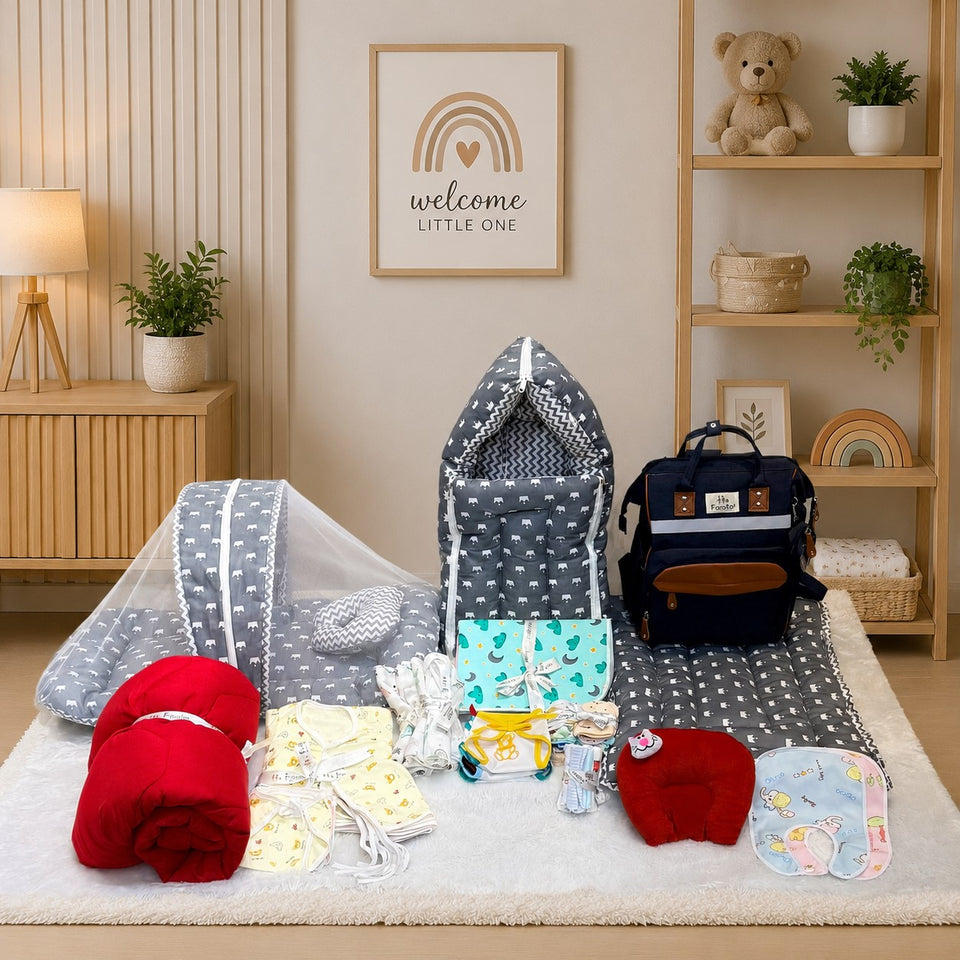 Fareto Premium Newborn Hospital Essentials Combo | 58-in-1 Baby Products, Bedding Set & Maternity Essentials | 0–6 Months(Grey Crown)(F518)