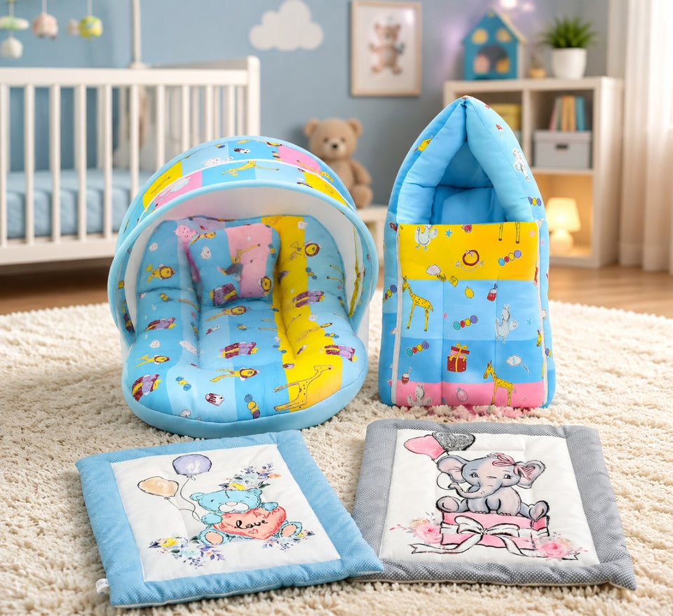 Fareto New Born Baby Premium Quality Mattress with Net & Sleeping Bag & Hand Carry bed(0- 6Months)(F504)(Giraffe)