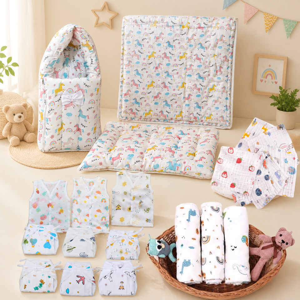 Fareto New born Baby Organic Muslin Cotton Combo set 20 In 1 (0-6 Months)(F565)(Baby Bedding & Clothing Combo Set For Muslin)