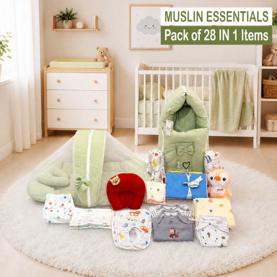 Fareto New Born Baby Organic Muslin Cotton Combo Set 28 In 1 (0-6 Months)Baby Bedding & Clothing Combo Set For Muslin(F748)