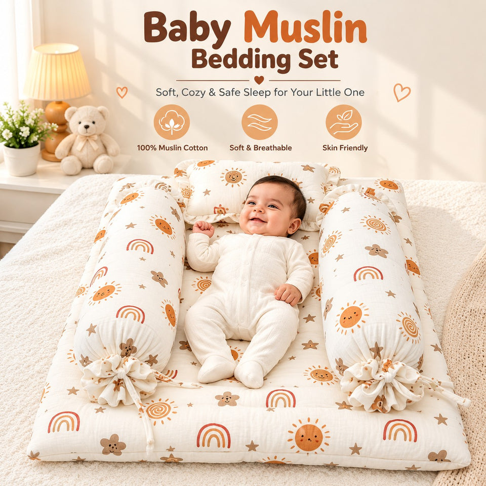 Fareto Newborn Baby 100% Muslin Cotton Bedding Set Combo | Sleeping Bag | Mattress with Net | Nest | Blanket | Hand Carry Bed & Bolster Set | (0-6 Months)(F812)