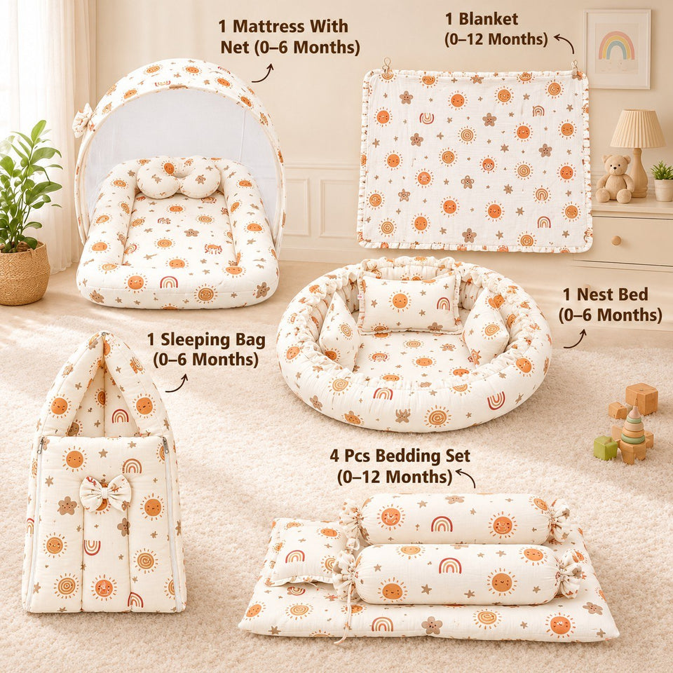 Fareto Newborn Baby 100% Muslin Cotton Bedding Set Combo | Sleeping Bag | Mattress with Net | Nest | Blanket | Hand Carry Bed & Bolster Set | (0-6 Months)(F812)