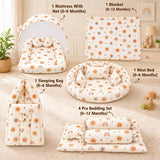 Fareto Newborn Baby 100% Muslin Cotton Bedding Set Combo | Sleeping Bag | Mattress with Net | Nest | Blanket | Hand Carry Bed & Bolster Set | (0-6 Months)(F812)
