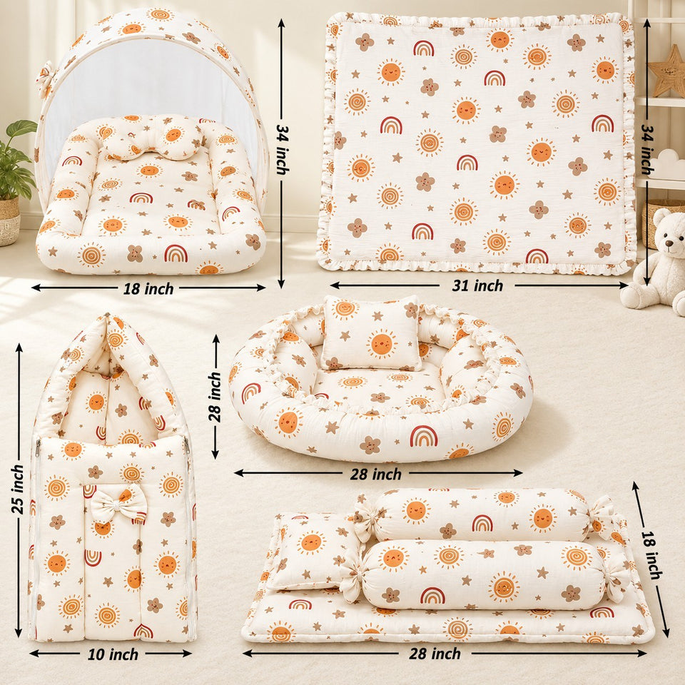 Fareto Newborn Baby 100% Muslin Cotton Bedding Set Combo | Sleeping Bag | Mattress with Net | Nest | Blanket | Hand Carry Bed & Bolster Set | (0-6 Months)(F812)
