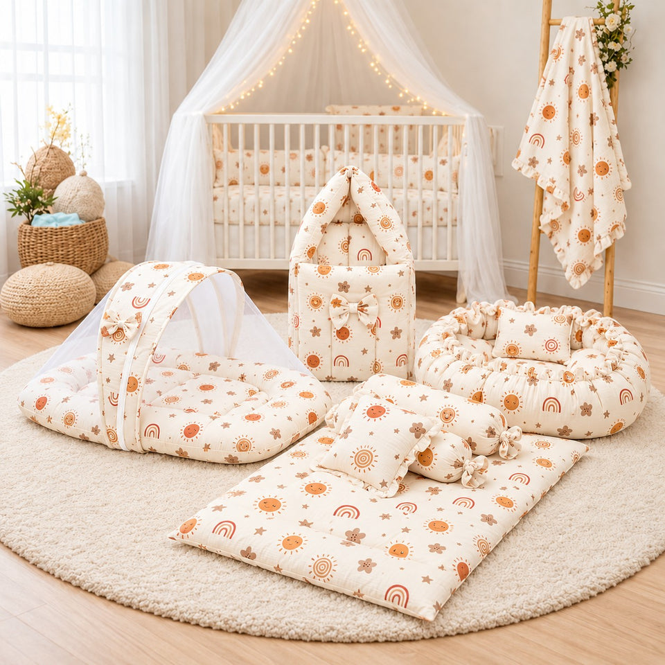 Fareto Newborn Baby 100% Muslin Cotton Bedding Set Combo | Sleeping Bag | Mattress with Net | Nest | Blanket | Hand Carry Bed & Bolster Set | (0-6 Months)(F812)