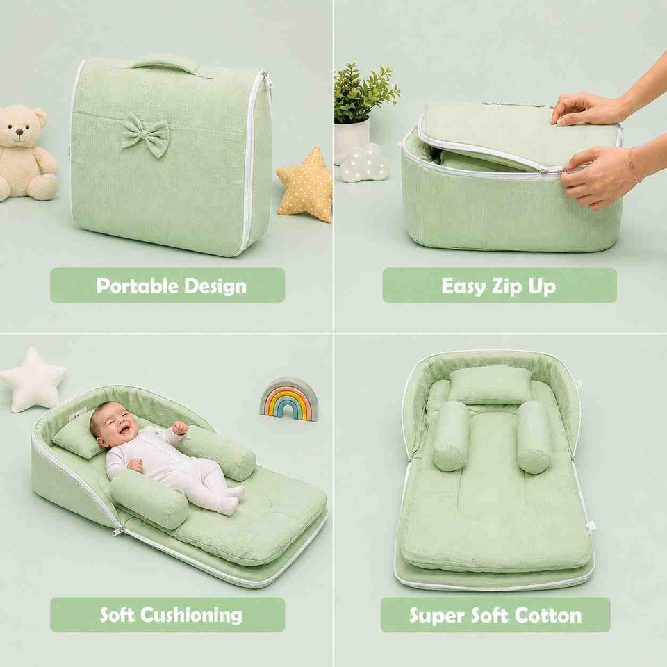 Fareto Newborn Baby 100% Muslin Cotton Bedding Set Combo | Sleeping Bag | Mattress with Net | Nest | Blanket | Hand Carry Bed & Bolster Set |Portable bed | Feeding pillow (0-6 Months)(F750)
