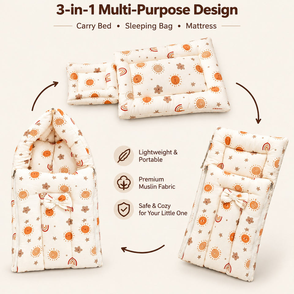 Fareto Newborn Baby 100% Muslin Cotton Bedding Set Combo | Sleeping Bag | Mattress with Net | Nest | Blanket | Hand Carry Bed & Bolster Set | (0-6 Months)(F812)