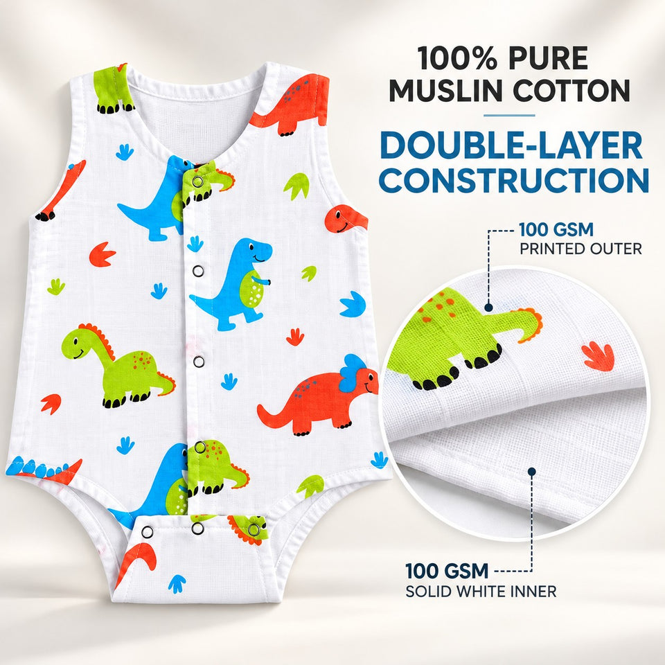 Fareto Newborn Baby Romper | 100% Muslin Cotton | Sleeveless Front Snap Button Bodysuit | Pack Of 1 | 0–3 Months(F827)
