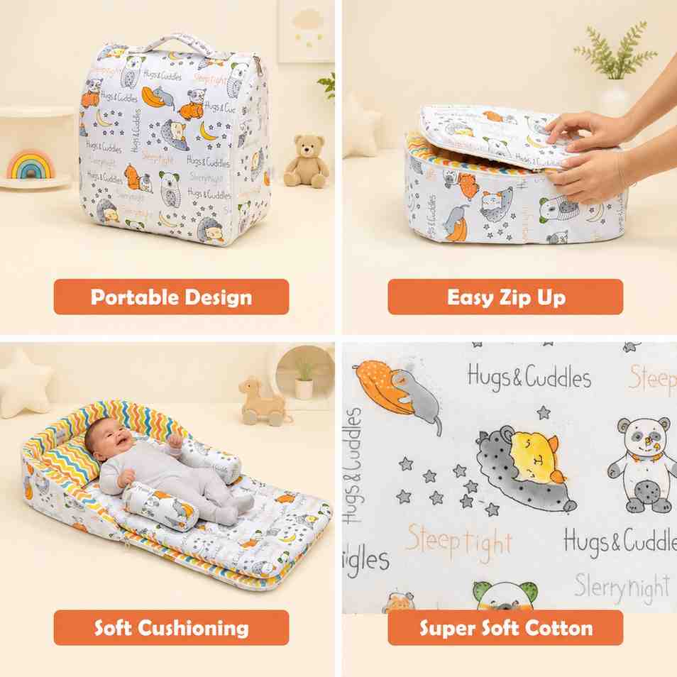 Fareto Baby Travel Friendly for Kids Portable Baby Comfortable Cushioning(0+6 Months)(GOOD NIGHT ORANGE)(F379)