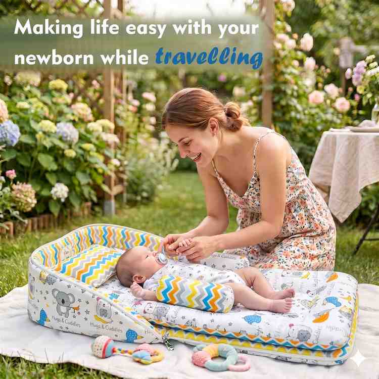Fareto Baby Travel Friendly for Kids Portable Baby Comfortable Cushioning(0+6 Months)(GOOD NIGHT BLUE)(F380)