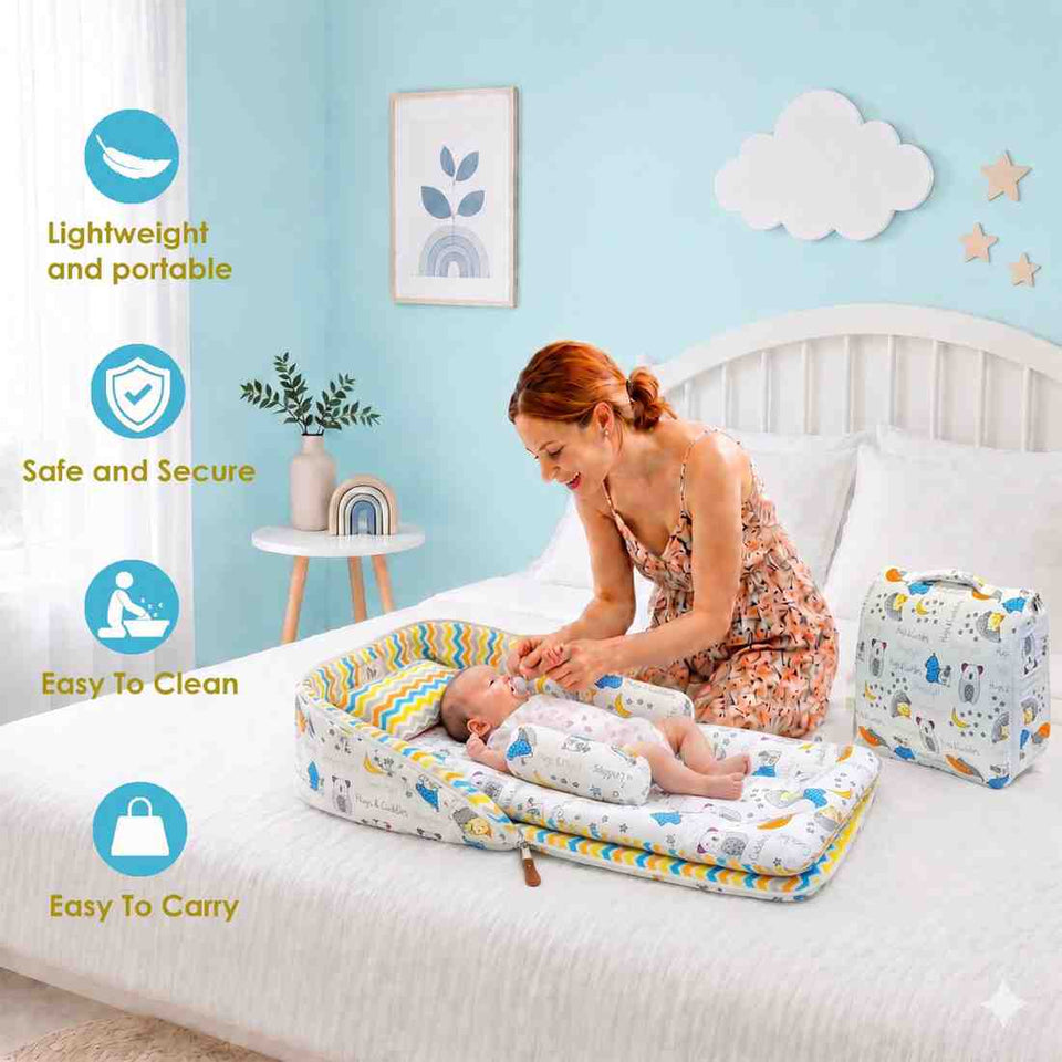 Fareto Baby Travel Friendly for Kids Portable Baby Comfortable Cushioning(0+6 Months)(GOOD NIGHT BLUE)(F380)