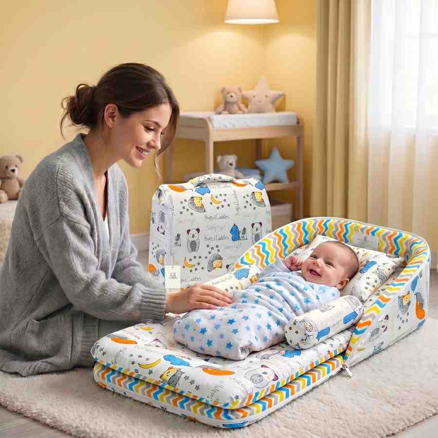 Fareto Baby Travel Friendly for Kids Portable Baby Comfortable Cushioning(0+6 Months)(GOOD NIGHT BLUE)(F380)