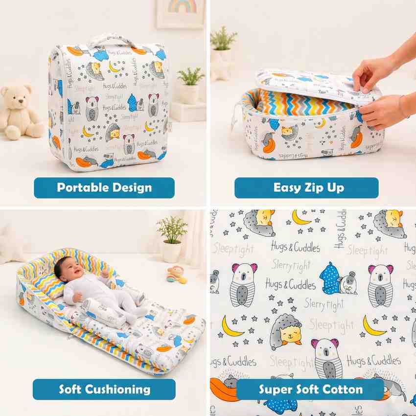 Fareto Baby Travel Friendly for Kids Portable Baby Comfortable Cushioning(0+6 Months)(GOOD NIGHT BLUE)(F380)
